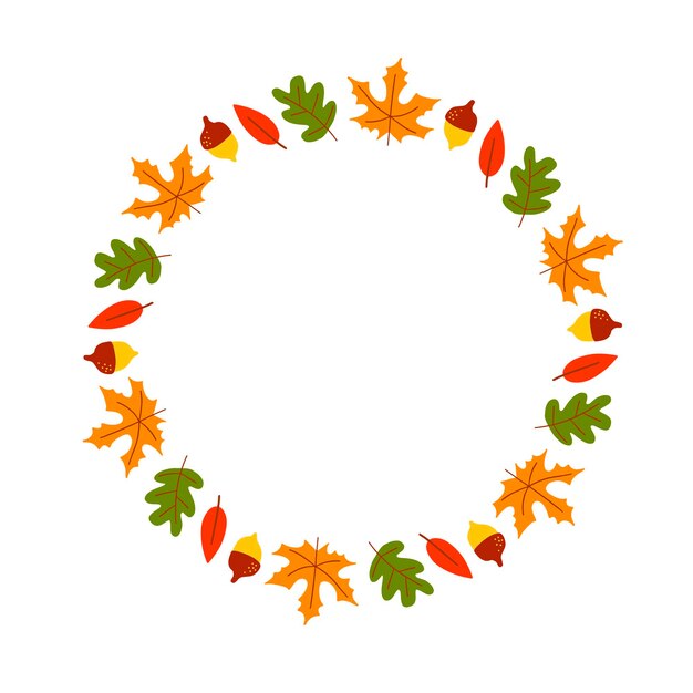Grinalda de vetor de folhas de outono e frutas em estilo aquarela. linda coroa redonda de folhas amarelas e vermelhas, bolotas, frutos, cones e ramos. decoração para convites, cartões, cartazes.
