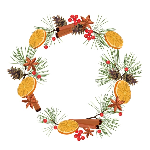 Vetor grinalda decorada de natal com laranja e canela em um modelo de fundo branco isolado para ilustração vetorial de poster de cartão postal web design