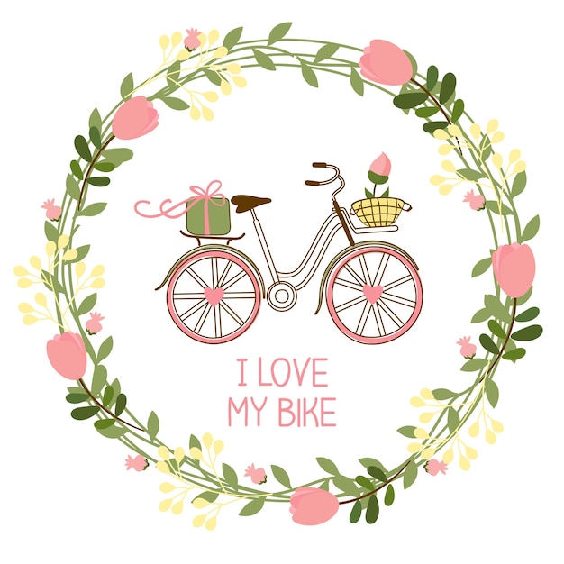 Vetor grinalda floral e bicicleta para convites e cartões comemorativos