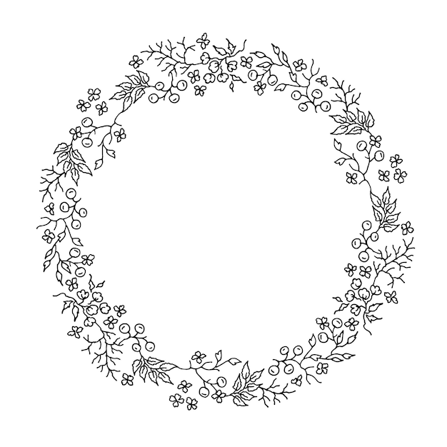 Grinalda redonda floral preta e branca desenhada à mão