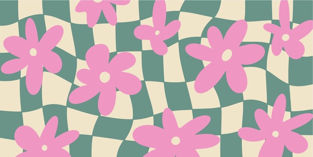 Vetor groovy checkered daisy flowers fundo retro 70s 60s estética hippie