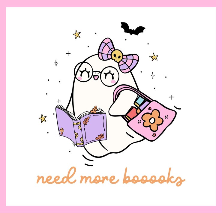 Vetor groovy ghost reading pastel livro de compras de halloween trendy retro bookish doodle de desenhos animados