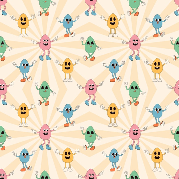 Groovy hippie Feliz Páscoa padrão perfeito Fundos de Páscoa no estilo cartoon retrô da moda dos anos 60 e 70