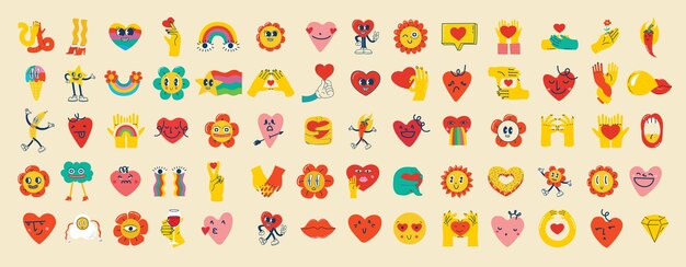Groovy hippie love sticker set coração personagem de desenho animado engraçado rosto diferente feliz dia dos namorados