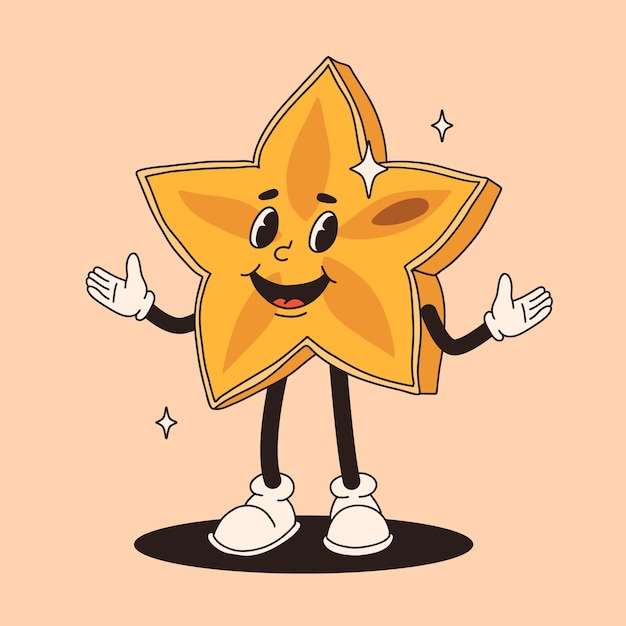 Vetor groovy karambola mascote funky personagem de desenho animado retro starfruit sorrindo andando funny vintage personagem de estilo trendy doodle coleção de quadrinhos