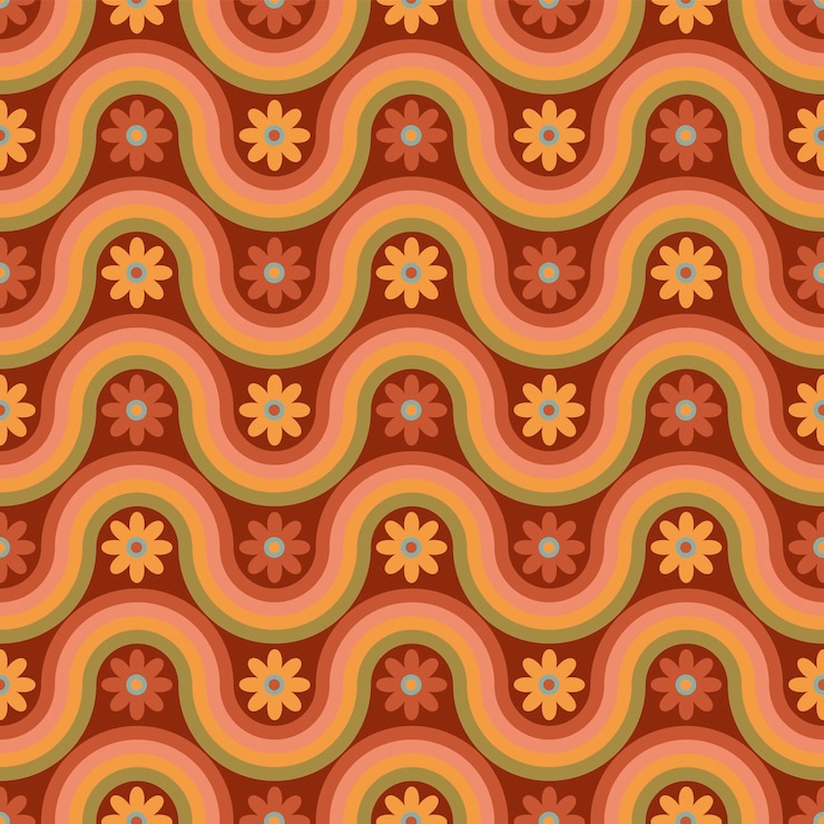 Vetor groovy padrão perfeito com formas geométricas e flores