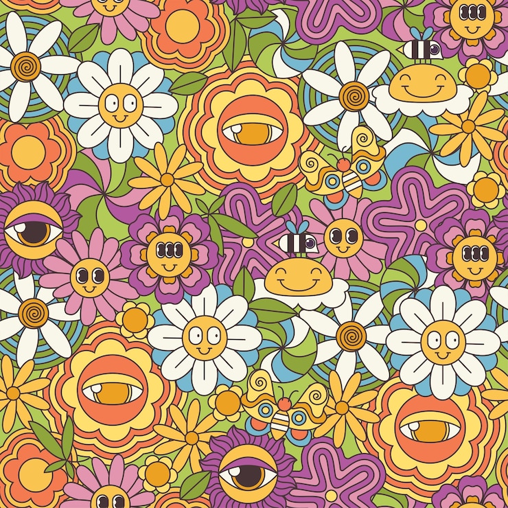 Vetor groovy psicodélico flores de verão padrão engraçado retro textura floral sem costura com abelha