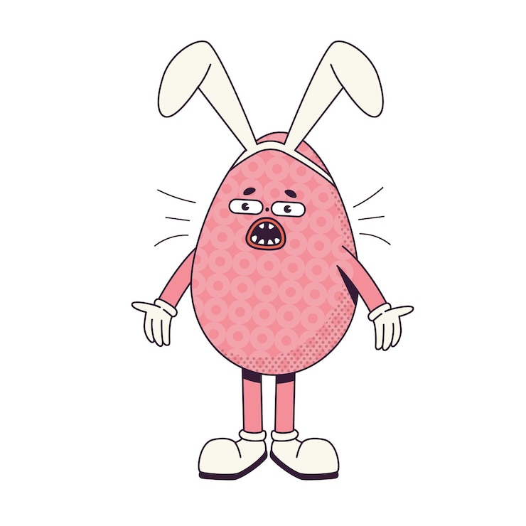 Vetor groovy retro personagem de desenho animado ovo de páscoa com orelhas de coelho ilustração plana de um personagem surpreso usando luvas