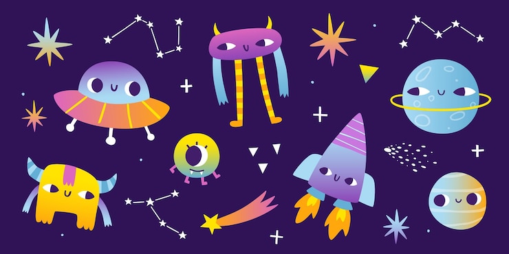 Vetor groovy space set coleção cósmica abstrata com gradiente surrealista brilhante