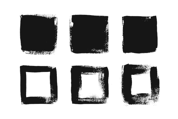 Vetor grunge quadrados pretos padrão fundos conjunto desenho à mão pincel de pintura traços de design de elementos de quadros e caixas de texto