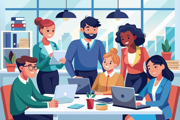 Grupo a trabalhar em conjunto num projecto utilizando um portátil gerado pela AI