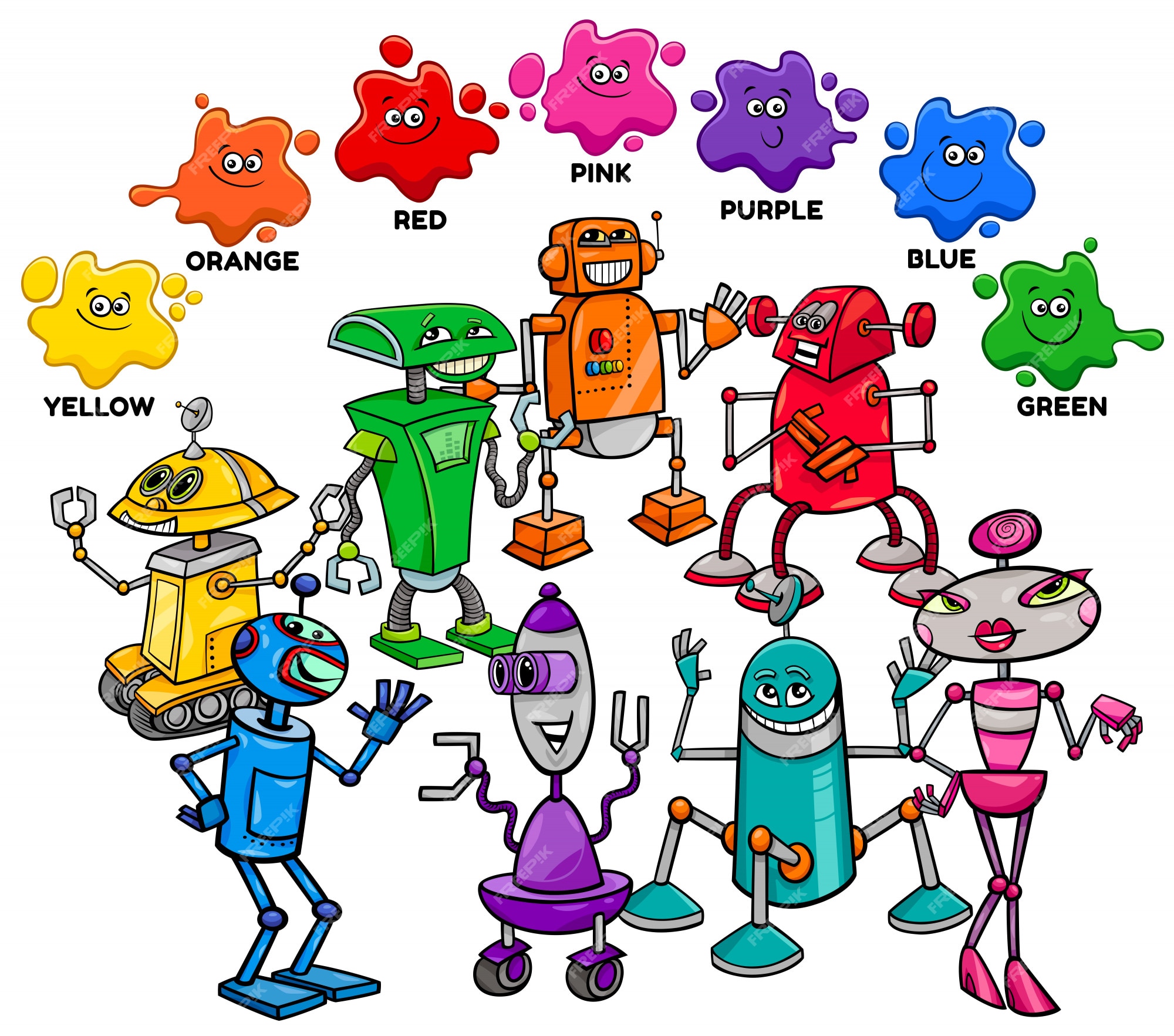 Desenho de cores básicas com conjunto de personagens de robôs para colorir