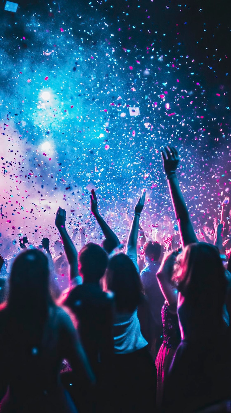 Vetor grupo dançando em festa de ano novo vibrante com luzes de discoteca celebrações de grupo dia de ano novo novo