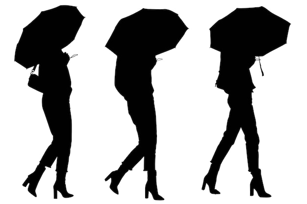 Grupo das meninas elegantes da silhueta de negócios com guarda-chuva