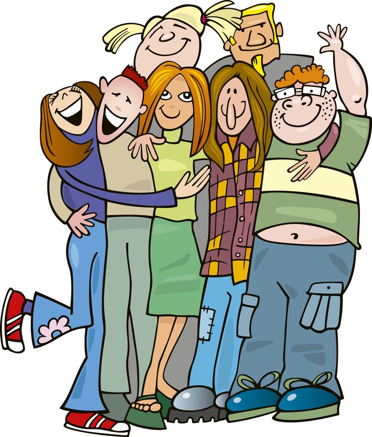 Vetor grupo de adolescentes da escola dando um abraço