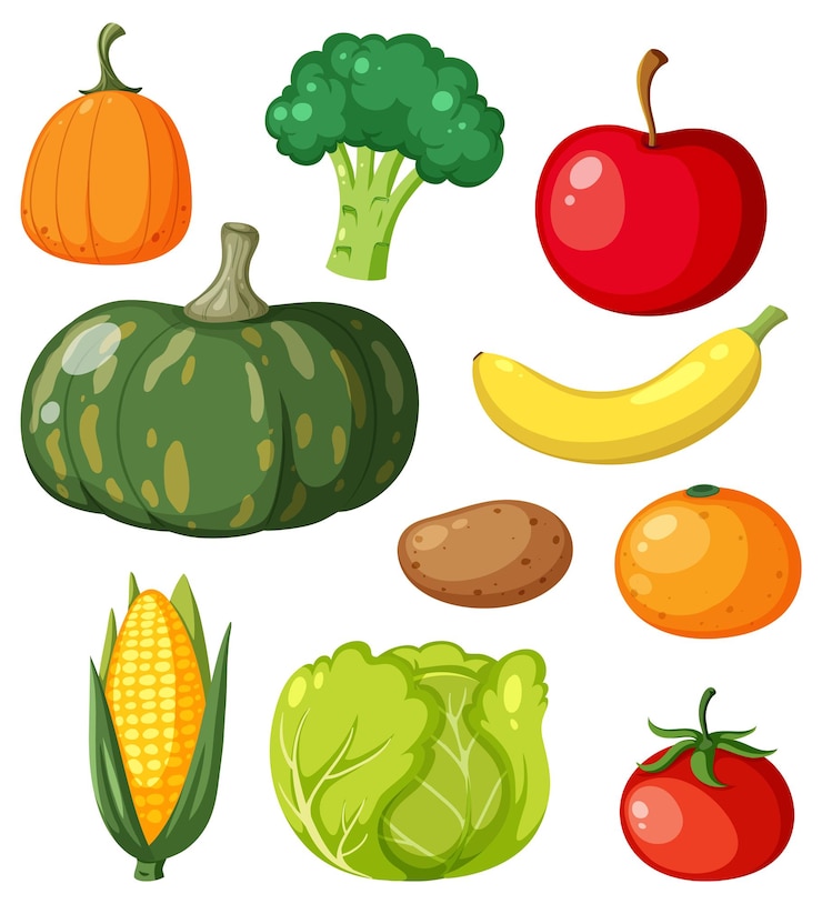 Vetor grupo de alimentos de fibra de frutas e legumes