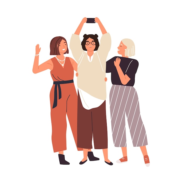 Vetor grupo de amigas felizes tomando selfie usam ilustração plana em vetor smartphone. mulher na moda sorridente fotografando juntos tendo emoção positiva isolada. pessoas em pé posando para foto.