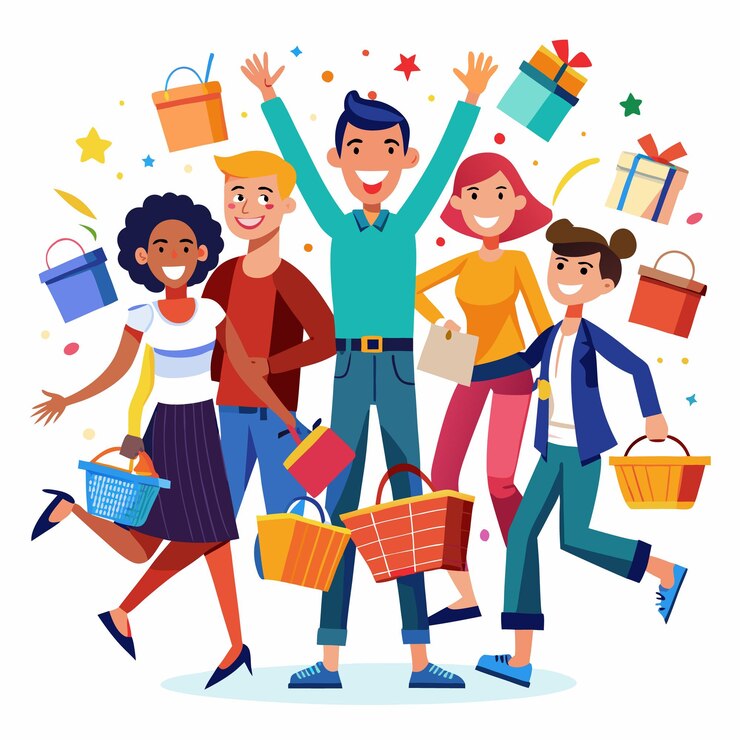 Vetor grupo de amigos comemorando com sacos de compras feliz dia de compras