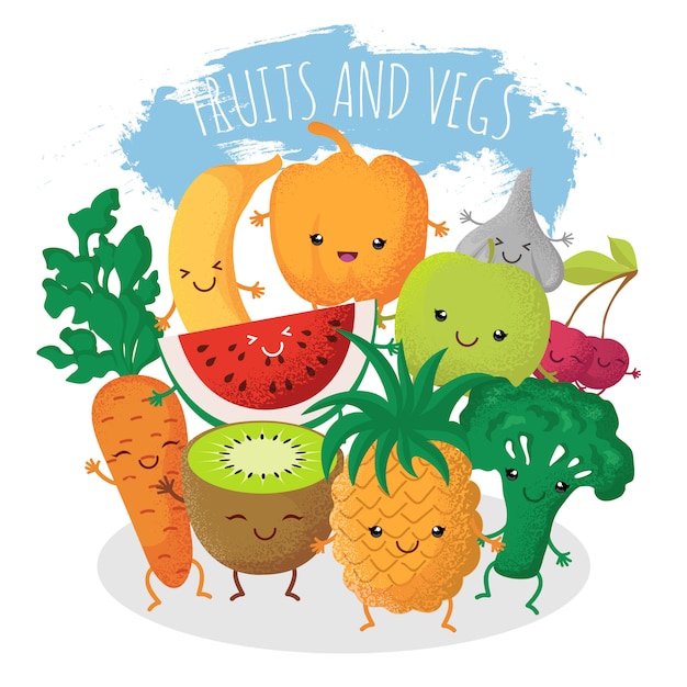 Grupo de amigos engraçados da fruta e verdura. personagens com rostos sorridentes felizes