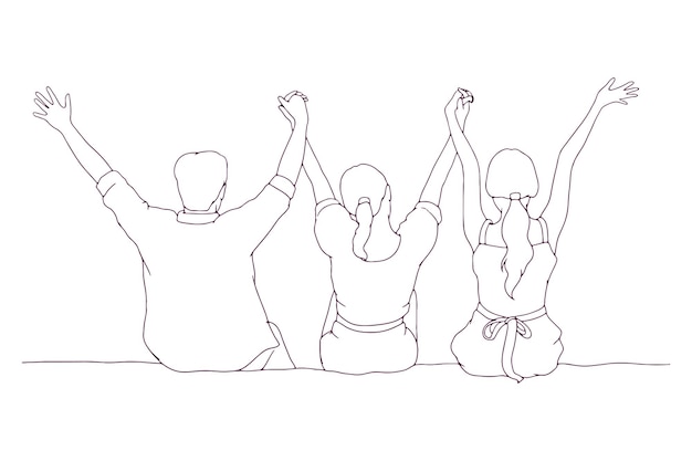Grupo de amigos sentados juntos e levantando as mãos ilustração vetorial desenhada à mão