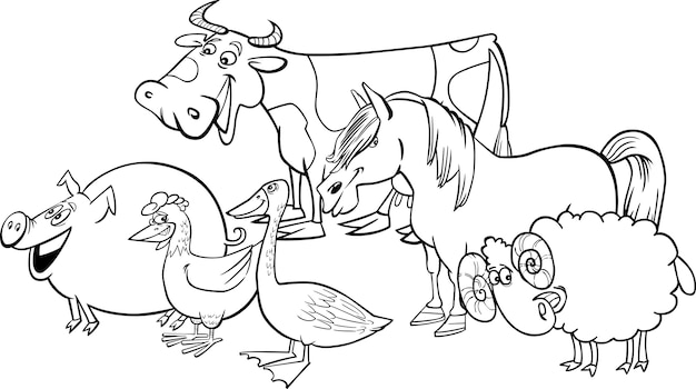 Grupo de animais de fazenda de desenhos animados para colorir