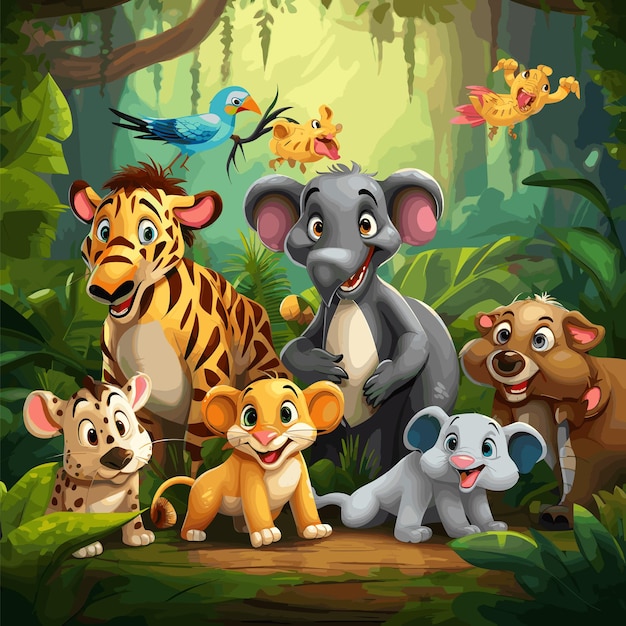 Vetor grupo de animais felizes desenho animado na ilustração da selva