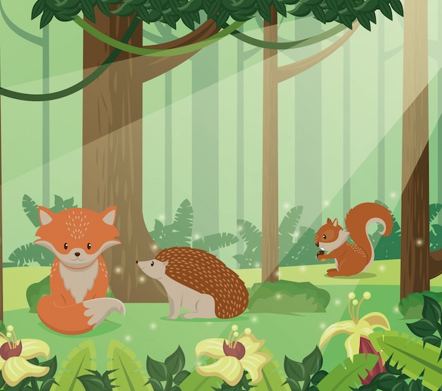 grupo de animais fofos no projeto de ilustração vetorial paisagem cena