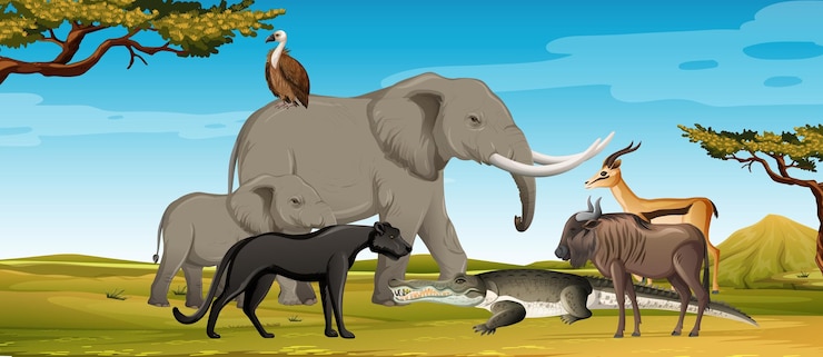 Vetor grupo de animal africano selvagem na cena da floresta