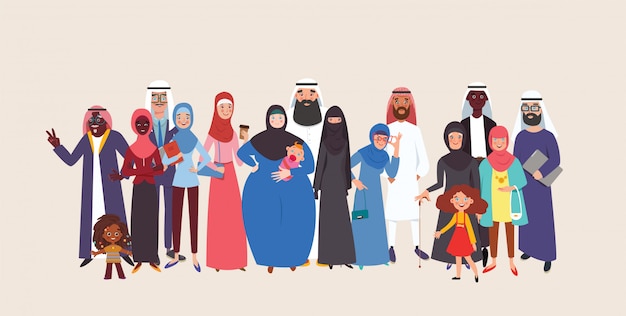 Grupo de árabes muçulmanos se juntou com felicidade. grupo jovens e idosos muçulmanos juntos. ilustração colorida em estilo simples.