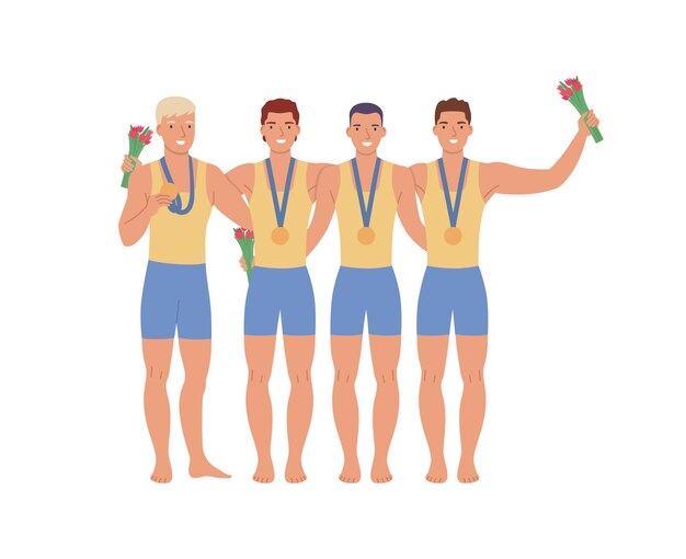 Grupo de atletas do sexo masculino com medalhas e flores ilustração vetorial plana