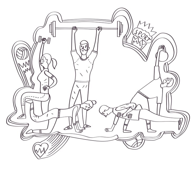 Vetor grupo de atletas que trabalham com pesos e kettlebells levantando halteres.