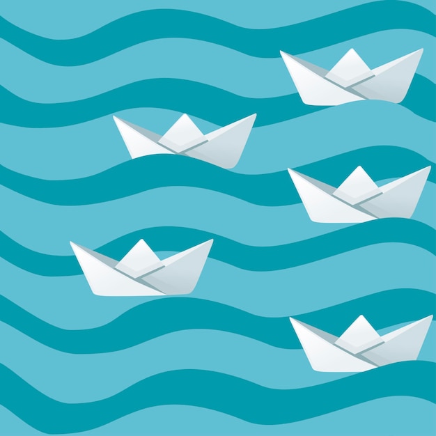 Vetor grupo de barcos de papel dobrado branco na ilustração vetorial plana de ondas do mar abstrato.