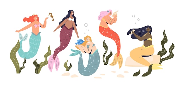 Grupo de belas sereias, misteriosas princesas subaquáticas com cabelos longos coloridos e rabo de peixe. ninfa da água do mar de fada, personagens do folclore. ilustração em vetor plana dos desenhos animados