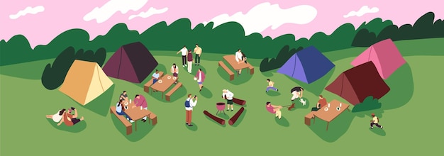Grupo de caminhadas estabelece uma cidade de tendas em uma clareira Pessoas acampam, fazem churrasco, comem em mesas de piquenique na natureza Entretenimento de verão ao ar livre Amigos descansam em caminhadas de férias Ilustração vetorial plana