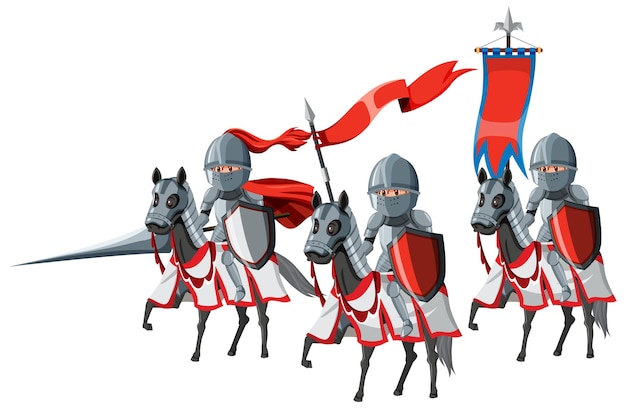 Grupo de cavaleiros medievais a cavalo em fundo branco