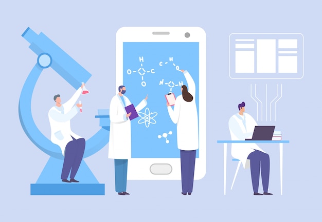 Grupo de cientista que trabalha na ilustração do conceito de laboratório. homem e mulher formulam fórmula de vacina em dispositivo eletrônico