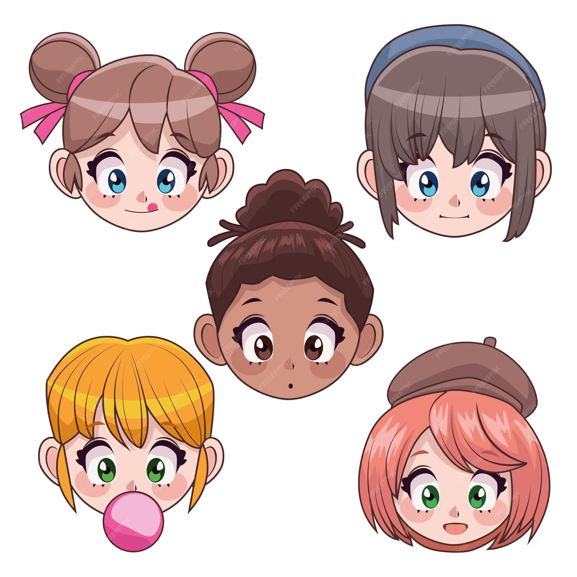 grupo de quatro lindos personagens inter-raciais de meninas de anime  2508256 Vetor no Vecteezy