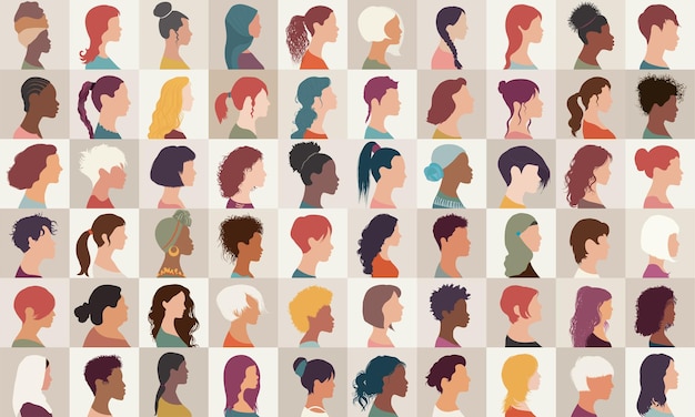 Vetor grupo de coleção de retratos de conjunto de avatares de mulheres e meninas de diversidade multiétnica isoladas vista de perfil