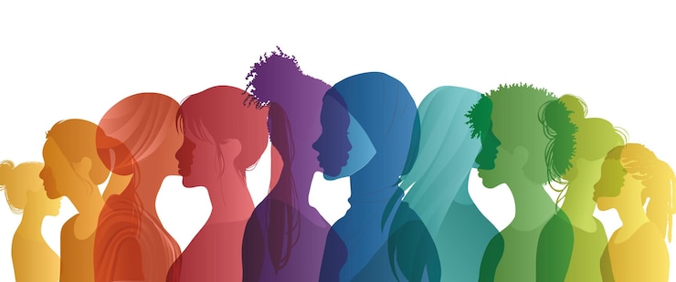 Vetor grupo de comunicação de diversidade multicultural mulheres rosto perfil de silhueta feminina