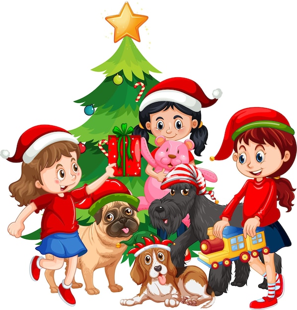 Grupo de crianças com seu cachorro com elemento de Natal em fundo branco