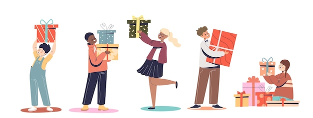 Vetor grupo de crianças pequenas segurando presentes. meninos e meninas pré-escolares com caixas de presente para férias de natal, aniversário ou ano novo. ilustração em vetor plana de desenho animado