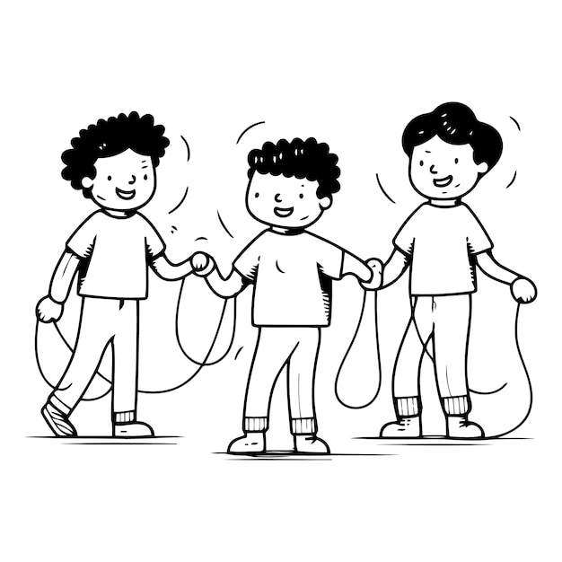 Vetor grupo de crianças pulando corda em estilo doodle