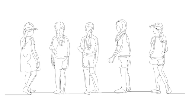 Grupo de desenho de linha contínua de crianças, vetor