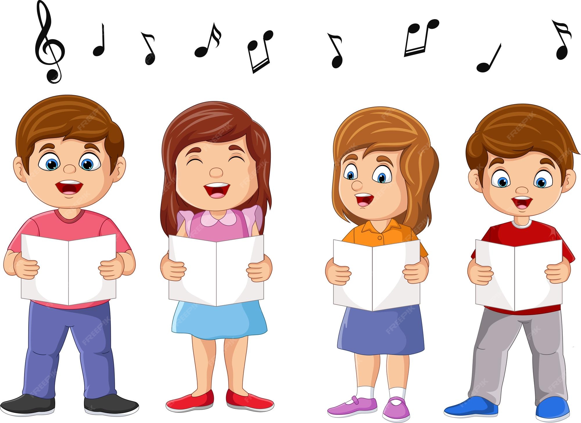 Grupo de desenhos animados de crianças do coro cantando uma música