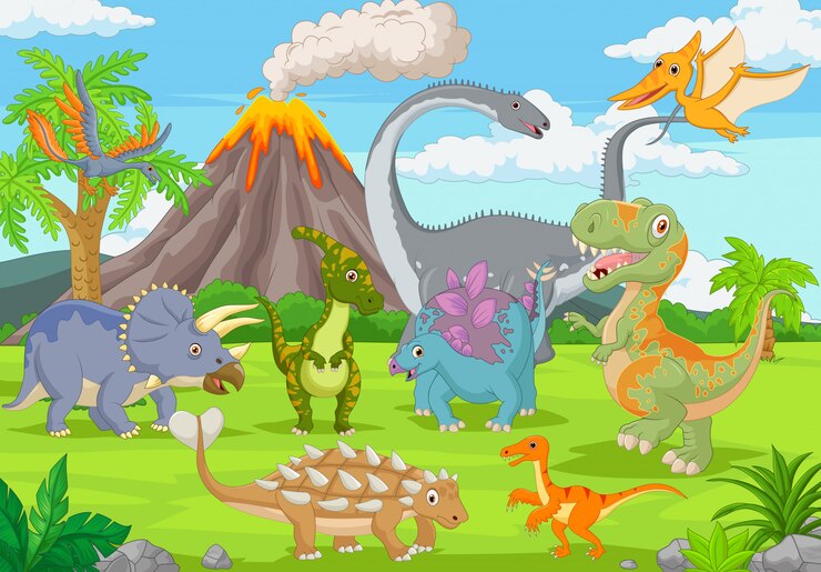 Vetor grupo de dinossauros engraçados na selva