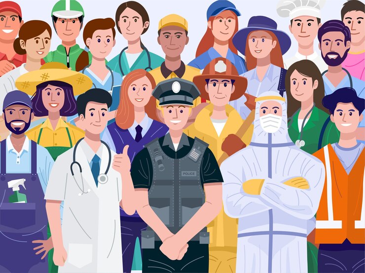 Grupo de diversas pessoas com várias ocupações.
