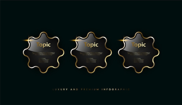 Grupo de elementos de ouro de luxo, três botões, símbolo definido, botão dourado e banner premium no escuro