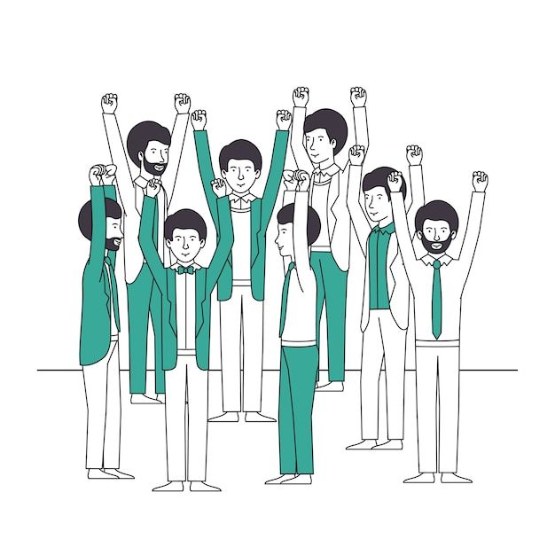 Grupo de empresários com as mãos para cima e roupas verdes