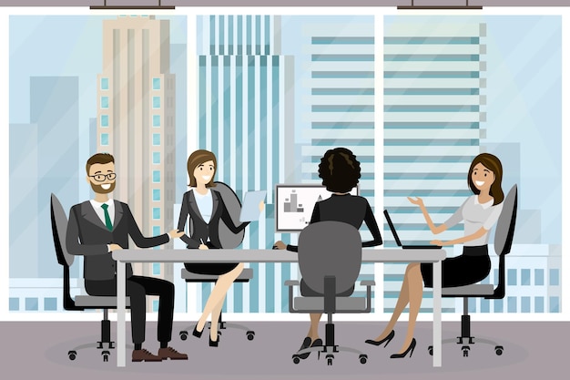 Grupo de empresários sentados à mesa, empresário de desenho animado e empresárias se comunicam vetor