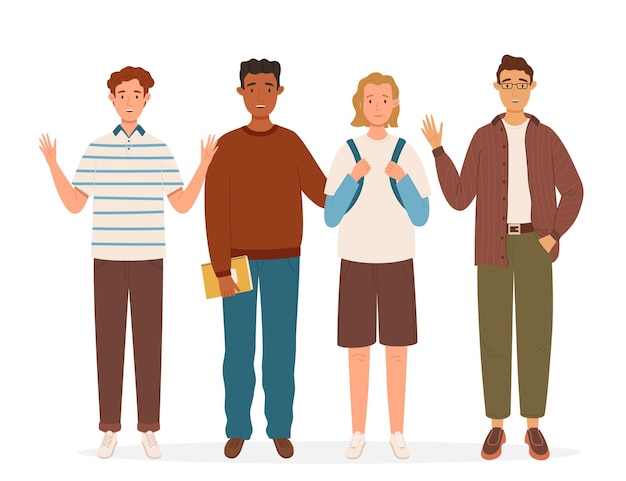Grupo de estudantes multiculturais do sexo masculino ilustração vetorial plana Rapazes segurando livros e mochilas em roupas casuais